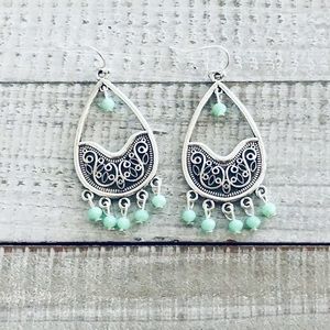 Bohemian Mint Green Teardrop Silver Earrings NWT